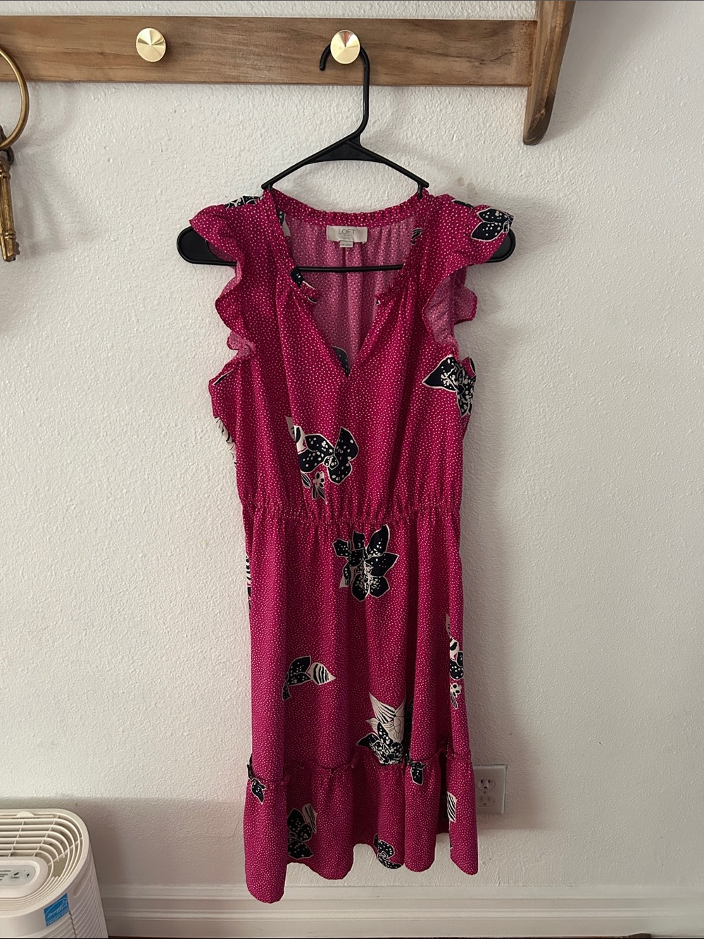 Loft Pink Floral V-Neck Ruffle Sleeve Dress